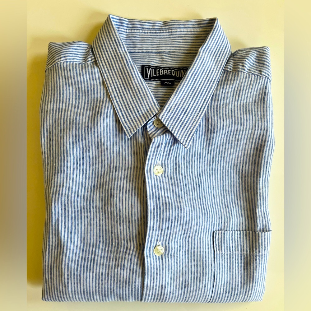 Vilebrequin Button Down Striped Blue Flax Linen Shirt